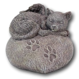 Ebros Heavenly Winged Angel Cat Sleeping On Heart Shaped Stone with Cat Paw Prints Cremation Urn 30 Cu in Pet Memorial Resin Statue Feline Cats Kittens Inspirational Figurine