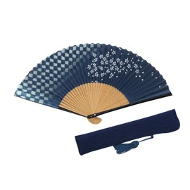 Hasegawa Women's Kyo Fan, Fan with Bag Included, Gift Box, Made in Japan, checkered cherry blossom / navy blue