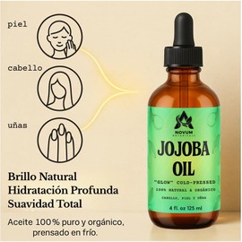 Aceite de Jojoba Puro Prensado en Frío 125 ml con Gotero Hidratación y Nutrición Natural para Piel, Cabello y Uñas Aceite Portador Orgánico, Vegano y Multifuncional Textura Ligera, No Grasosa, Ideal para Masajes