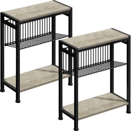 Homedawn Small Side Table Set of 2 for Small Space, 3-Tier Narrow End Table with Magazine Holder, Slim Nightstand, Skinny Snack Couch Table in Living Room, Bedroom, Kitchen and Balcony (Greige)