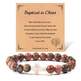 Cross Bracelet for Girls 8mm Bead Bracelet Baptism Communion Confirmation Easter Christmas Christian Birthday Grade Graduation Gifts (Baptized in Christ)