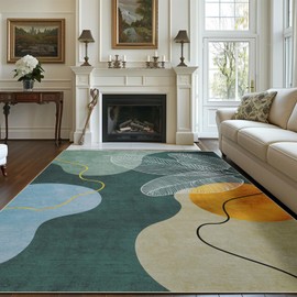 Green Boho Area Rug 6x9 Mid Century Modern Large Carpet Machine Washable Door Mat Low Pile Indoor Outdoor Floor Rugs Tropical Leaves Non Slip Rug for Living Room Bedroom Dinning Office Home 6'x9'