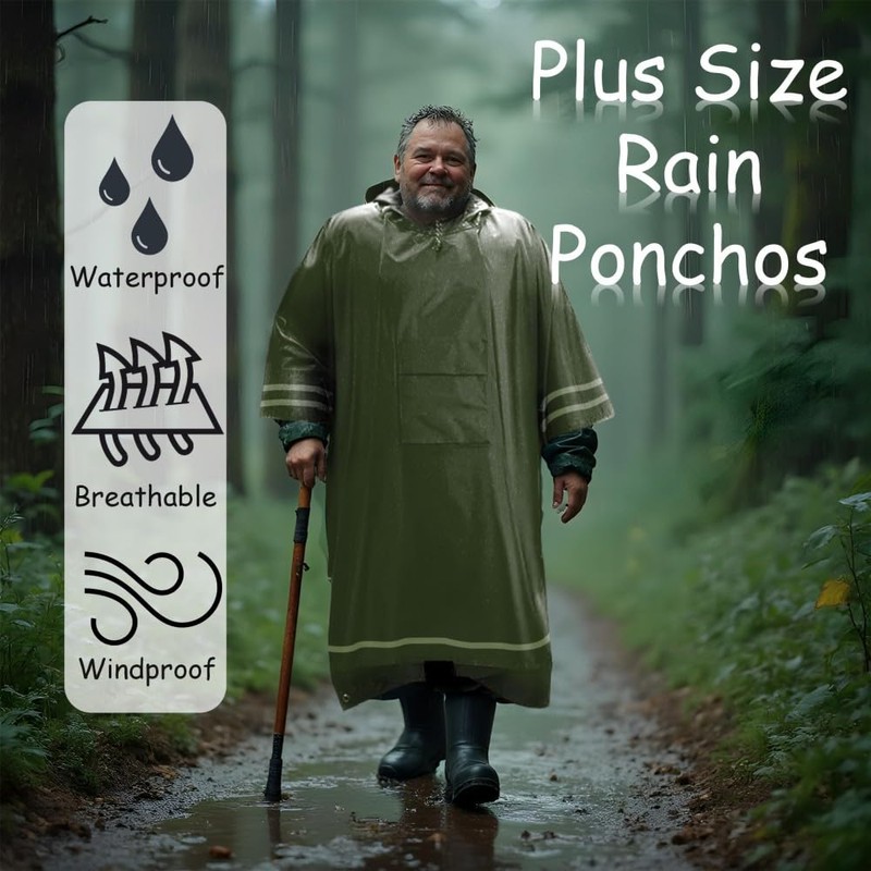 Plus Size Rain Poncho with Hood and Reflective Stripes, Big