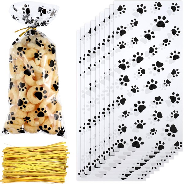 150 Pieces Paw Printed Treat Bags Paw Clear Cellophane Bags Pet Gift Bags with 150 Pieces Twist Ties for Party Favor Supplies (Black)
