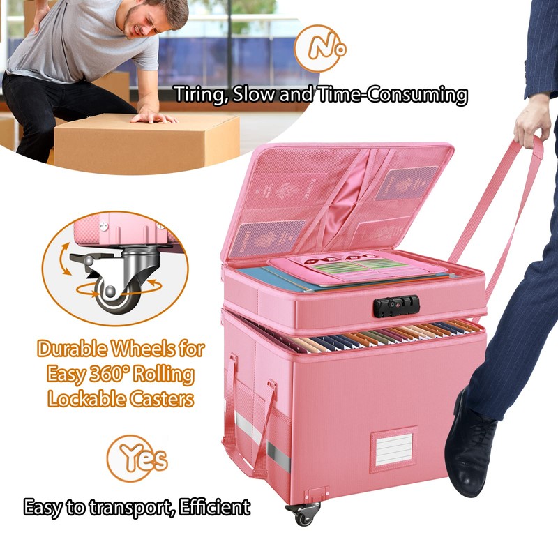 DocSafe File Box with Lock,2-Layer Fireproof Document Box with Wheels,Collapsible