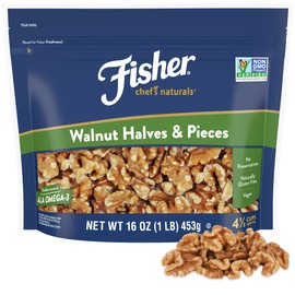 Fisher Chef's Naturals Walnut Halves & Pieces 16 oz, 100% California Unsalted Walnuts for Baking & Cooking, Healthy Snacks for Adults, Resealable Bag, Vegan Protein, Keto Snack, Chopped Nuts, Topping