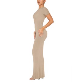 REORIA Women's Summer Casual Lounge Long Dress Elegant Short Sleeve Crew Neck Bodycon Maxi Dress, khaki
