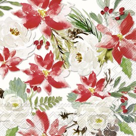 IHR Ideal Home Range Christmas Star Napkins, MABEL, Cream, Red, Winter Flowers, Christmas Decoration, Pack of 20, Lunch Napkins 33cm x 33cm