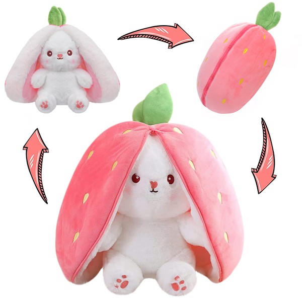 MIAODAM Bunny Stuffed Animal Reversible Cuddle Bunny Stuffed,Strawberry Bunny Transformed