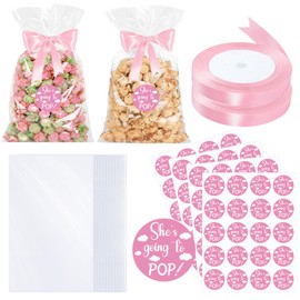 100 Pack Popcorn Bags Baby Shower Stickers Favor Bags Thank You Tags Plastic Bags and Ribbon for Gift Wrapping, Food Storage Decor (Pink)