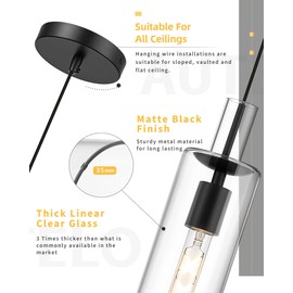 AUTELO 2 Pack Pendant Lights Kitchen Island, Modern Pendant Lights in Black Metal Finish, Black Pendant Light Fixtures, Cylinder Glass Hanging Lamp, Kitchen Pendant Lighting over Island, H3875 BK-M-2P