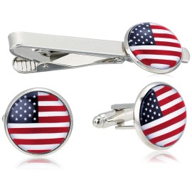 American Metal 2 SETS  USA  Flag USA Tie Bar Clip and Cufflinks Set Silver Colored Metal Plate.