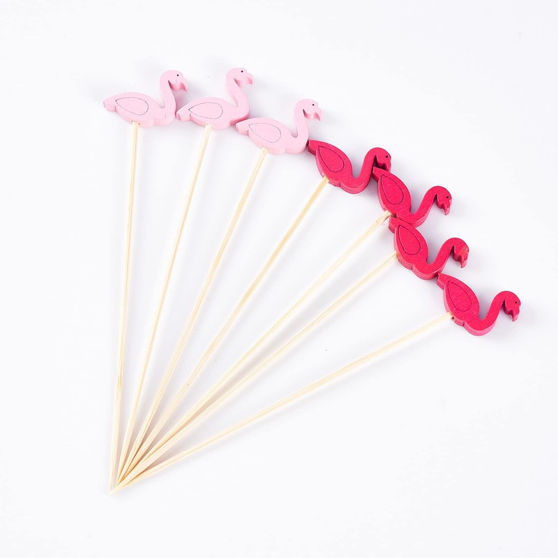 PuTwo Cocktail Picks Handmade Bamboo Toothpicks 100ct 4.7" in Flamingo