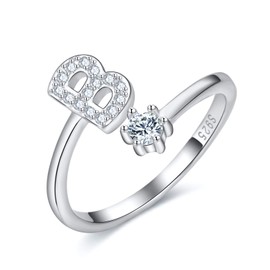 CRYSLOVE Women’s / Girls’ Letter Ring - 925 Sterling Silver - Open & Adjustable Initial Ring - A-Z Alphabet Rings with Gift Box, Silver, b