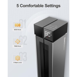 ComDomus Electric Heaters for Indoor Use, 25” Space Heater Large Room with 120° Oscillation, 3 Heat Levels, 3 Modes, Multiple Safety Protections, 12H Timer, Silver Ceramic Tower Heater for Bedroom