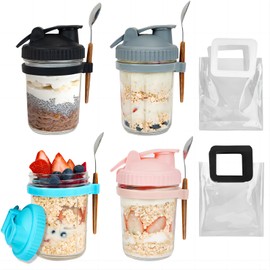 Cobeda Overnight Oats Containers with Lids and Spoons and Clear Tote Bag, 4 Pack Glass Mason Jars for Overnight Oats Jars, 16 oz Wide Mouth Mason Jars for Overnight Oats and Milk, Cereal, Fruit