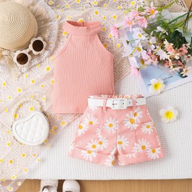 Toddler girl summer outfits shorts sets 12-18 months baby girls clothes Knit Tshirt sling Top pink daisy shorts belt 3pcs