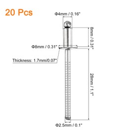 sourcing map 20Pcs 5/32"x5/16" 304 Stainless Steel Dome-Head Blind Rivets, Open-End Type Blind Rivets for DIY, Sheet Metal, Automotive Repairs, Furniture, Boat, and Duct Work (Silver)