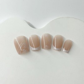 24Pcs Spring Press on Nails Short Square Fake Nails Pink with French Tip Design Glossy Glue on Nails White Flower Full Cover False Nails Artificial Acrylic Nails for Women Girls