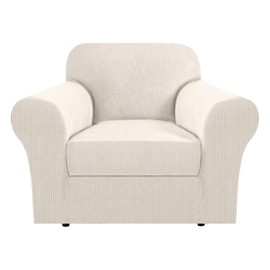 H.VERSAILTEX Stretch Armchair Slipcover 2 Piece T Cushion Chair Covers for Living Room Furniture Cover Suit for Box Cushion, Spandex Jacquard Fabric Small Checks(Armchair-Oversized, Ivory)