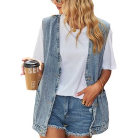 Sdipipo Women's Casual Denim Jean Vest Oversized Sleeveless Mid Long Button Down Jeans Jackets Vests Tops Waistcoat ﻿(0016-LightBlue-XL)