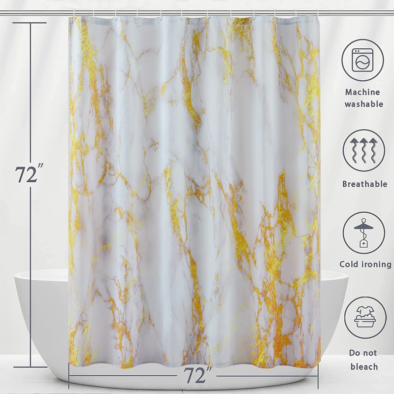 BLESFOREVER Gold White Marble Shower Curtain Set with 12 Hooks,