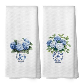 shiviody Chinoiserie Floral Kitchen Towels - Blue and White Porcelain Dish Towels, Hydrangea Floral Decorative Absorbent Dishcloths Hand Towels Set of 2 for Bathroom Decor 16x24 Inches