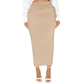 SEBOWEL Women Casual High Waisted Ruched Maxi Long Skirts Asymmetrical Pencil Bodycon Going Out Club Party Skirt with Tie, Khaki, M