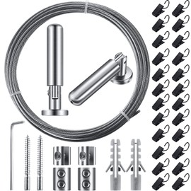 196 Inch/ 5 m Wire Curtain Rod Room Divider Wire Curtain Hanging System with 24 Clips Adjustable Curtain Drape Wire Rod Set for Tapestry Photo Picture Kids Craft Art Display Wall Window Decor