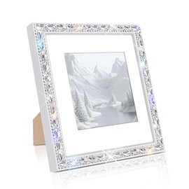 GUFONKOD Square 12x12 Solid Wood Bling Picture Frame for Hanging Wall Decor,Display Picture 9x9 with Mat or 12x12 Without Mat,Glitter Sparkle Glass Diamond Rhinestone Lace Poster Photo Frame (White)