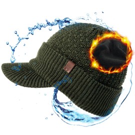 TOP-EX M/L/XL/XXL Unisex 50% Merino Wool Winter Peaked Cap Waterproof Beanie with Peak, Warm Lined Knitted Hat for Running, Windproof, 94596_grün