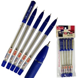 ELKOS BLUE Ballpoint Pens, 0.7mm Fine Point, Pack of 5, Drone Smooth Ball Pens, Soft Comfort Grip, School Office Home Use, ZOFAX Black Ball Pen