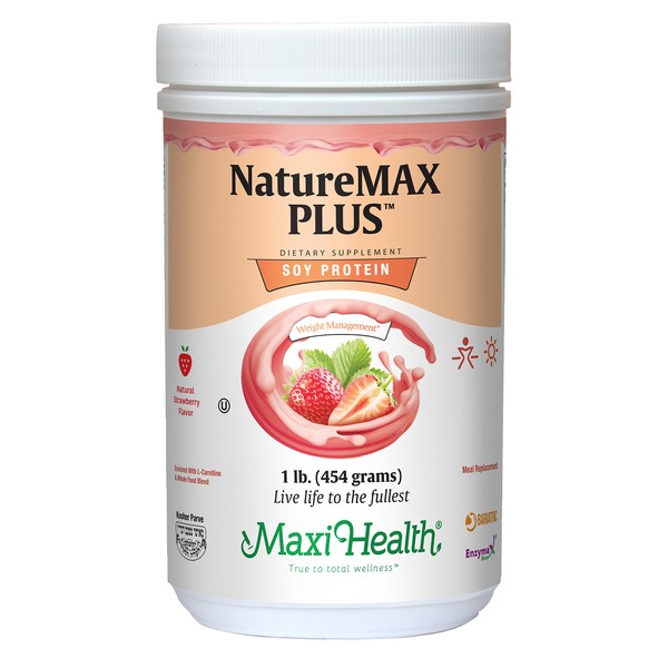 Maxi-Health NatureMAX PlusTM Energy Support Drink Soy Protein Powder - Sugar Free Diet Supplement - 20g Protein Per Serving - Natural Strawberry Flavor - Kosher Vitamin - 1lb