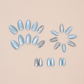 24 Pcs RIICFDD Nails Medium Press on Nails Almond Fake Nails Light Blue Rhombic False Nails Aurora with Glitter Design Full Cover Shimmering Acrylic Nails for Women and Girls Artificial Nails