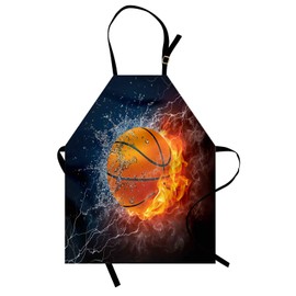 Lunarable Sports Apron, Basketball Ball and Water Splashing Thunder Lightning Themed Design, Unisex Kitchen Bib with Adjustable Neck for Cooking Gardening, Adult Size, Blue Burgundy