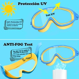 MARIA D - Goggles de Natacion,Gafas de Gorro de Natacion para Ninos,Patrón de Tiburón Amarillo Azul,Kit de Natación 3 en 1 Equipo Silicona, Antivaho, Resistentes a Los Rayos UV, Visión Amplia y Clara