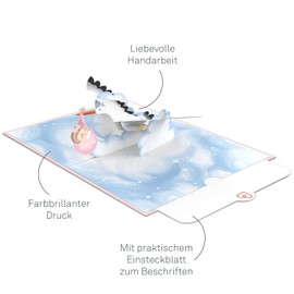 PaperCrush® pop up card baby birth girl - 3D birthday card, greeting card to the birth of daughter - handmade congratulations card, pop-up card with rattle Stork