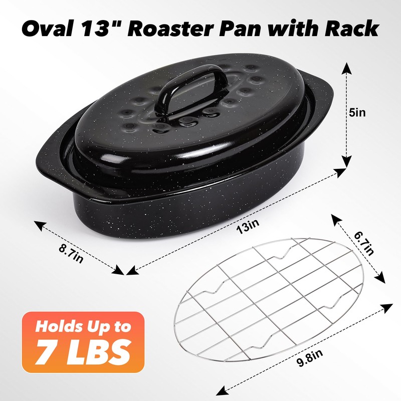 13” Roaster Pan with Lid and Rack, Small Enamel Roaster