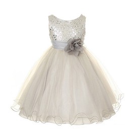 Absolutely Beautiful Sequined Bodice with Double Tulle Skirt Party flower Girl Dress-KD305-Silver-M
