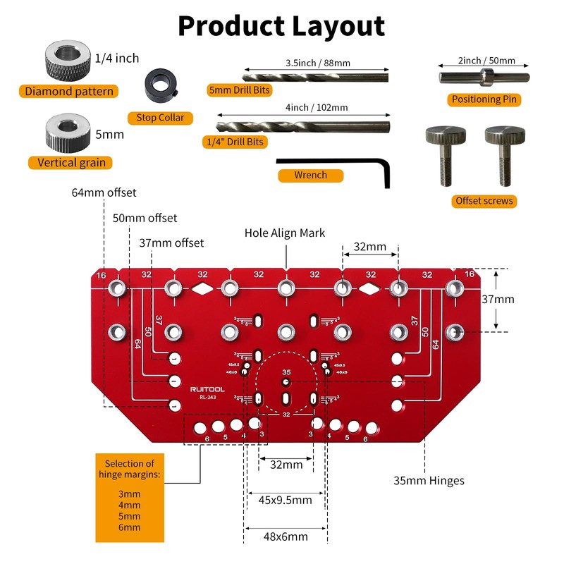 RUITOOL Shelf Pin Jig and Hinge Jig Two-in-One, Self-contained Clamping