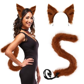 Epokus Plush Cat Ears and Tail Set, Cat Fox Fancy Dress Costume for Women Carnival Theme Party Cosplay Women, brown