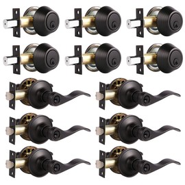 6 Sets-Front Door Entry Lever and Single Cylinder Deadbolts Combination Set, Keyed Alike Interior and Exterior Hardware, Oil Rubbed Bronze Door Handlesets, Combo Pack, Drop/Wave Shape Lockset Leverset