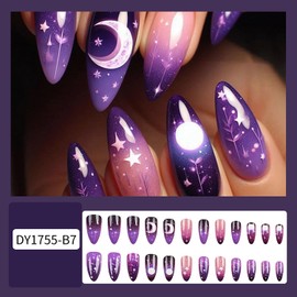 LOPMNGHT Purple Almond Tip Press on Nails Medium Length Stars Moon Pattern Design Starry Sky False Nail Full Cover Glitter Acrylic Artificial Fingernails Glossy Reusable Stick on Nail for Women 24 Pcs