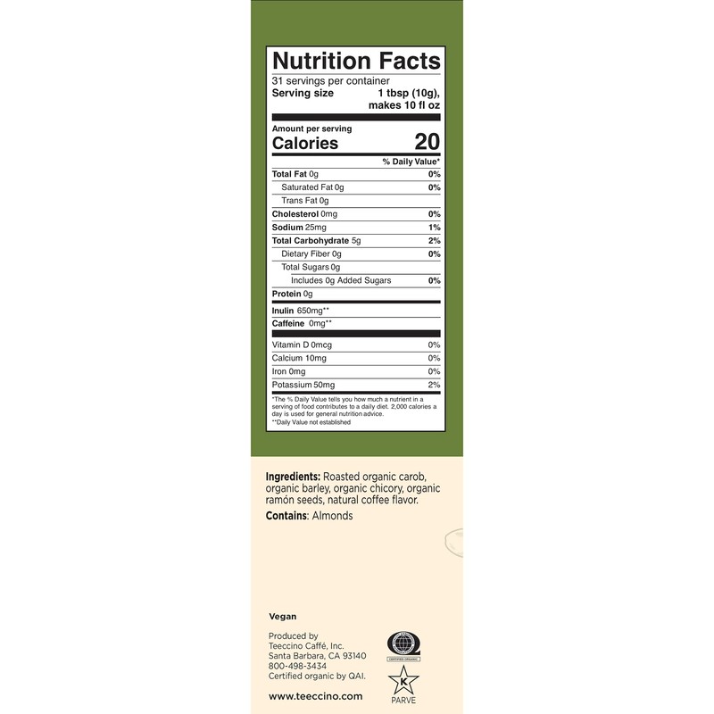 Teeccino Maya Herbal Coffee Caffe Dark Roast French Roast Organic