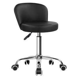 KKTONER Rolling Vanity Chair with Backrest Height Adjustable Office Chair PU Leather Swivel Drafting Stool with Wheels (Black)