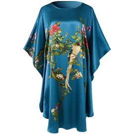 Ledamon Women's Short Robe Bathrobe 100% Silk Short Nightdress Pajamas Nightwear Classic Batwing Sleeves, darkblue