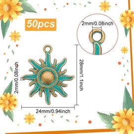 GOMAKERER Pack of 50 2 Colours Alloy Sun Pendants, Vintage Metal Sun Pendant Charms, Tibetan Style Sun Pendants, Antique Bronze Green Patina Charms for DIY Jewellery Making, Metal