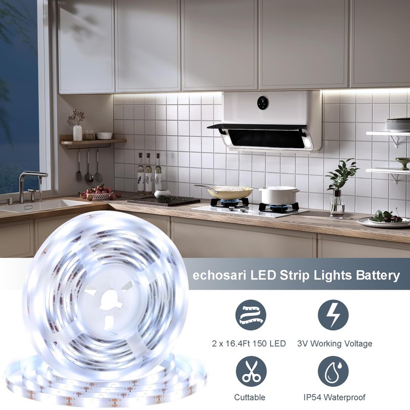 echosari 2 PCS 150 LED Strip Lights Battery Operated, 16.4Ft