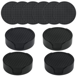 4 Inch Round Drink Coasters Set of 30, Silicone Coasters Set with Holder, Cup Coasters for Coffee Table, Black Rubber Coasters for Home and Bar Decor by KUKLIPJIM
