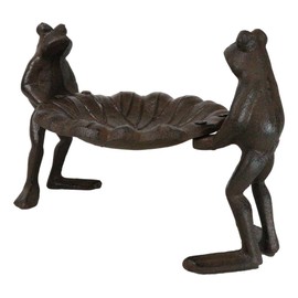 Ebros Gift Cast Iron Metal Rustic Whimsical Garden 2 Toad Frogs Holding Lily Pad Water Lily Leaf Bird Feeder Or Bath Sculpture Patio Outdoors Decor